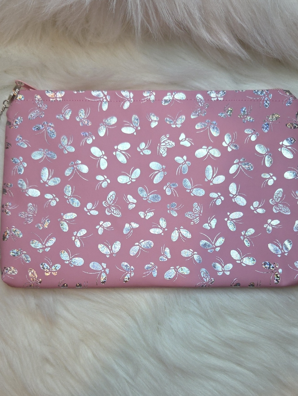 Pink Butterfly Cosmetic Pouch with Iridescent Accents